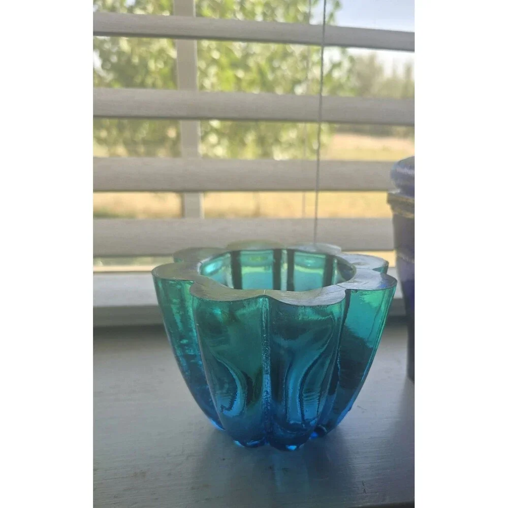 Vintage recycled glass votive bowl in Turquoise Blue/ Green Ombre Made in Spain